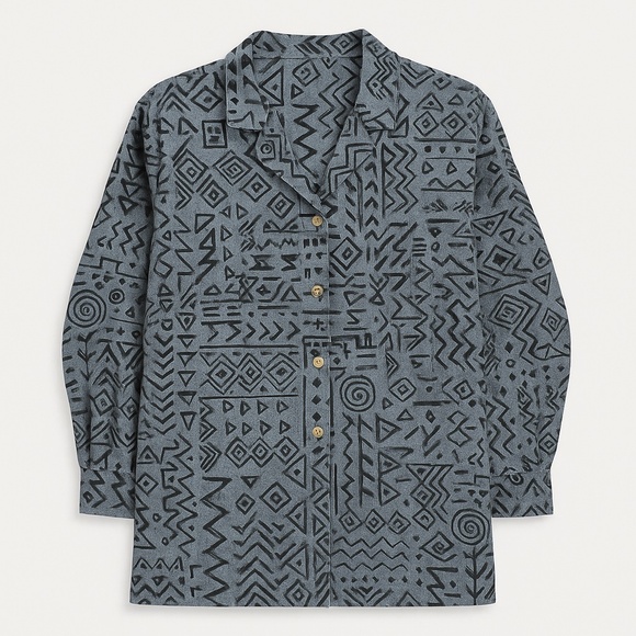 CENTRAL FALLS Blue Cotton Geometric Fish Print Vintage Button Down Shacket M - Picture 2 of 13